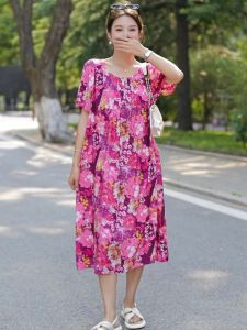 ฤดูร้อน ผ้าฝ้าย ผ้าไหม หลวม บาง สไตล์เกาหลี ผู้หญิง เดรส ประดิษฐ์ ผ้าฝ้าย ยาวชายหาด กระโปรง ลายดอก เอวสูง กระโปรงทรงเอ