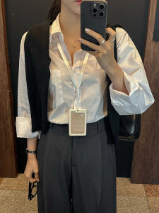 White Commuter Shirt Womens Loose Fit Long Sleeve Polo Collar Cotton 100% Button Detail Korean Style Office Shirt