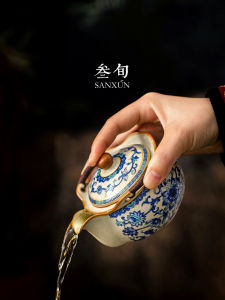 SANXUN | Hand-painted Blue and White Porcelain Ru Kiln Tea Set Teapot and Cup