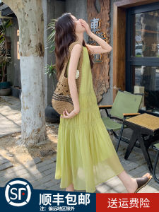 Fresh Green Sleeveless Dress Womens Loose French Style Summer New Lazy Vest Long Skirt Drawstring Splice Pleated A-Line Dress