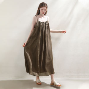 Miccbeirn | Pure Lusha เสื้อเดรสยาวทรงเอผ้าลินิน สายเดี่ยว ประดับกระโปรง ทรงหลวม แขนกุด ฤดูร้อน 2025 สำหรับผู้หญิงวัย 30-34 ปี