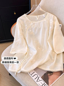 เสื้อเชิ้ตผ้าชีฟองปักลายสไตล์จีน แขนสั้น 5 ส่วน สำหรับผู้หญิงไซส์ใหญ่ ทรงหลวม สไตล์เกาหลี แขนสั้น ปกกลม