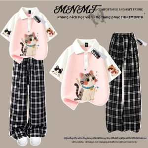Bộ Áo Polo và Quần Caro Thiết Kế Mèo Phong Cách Mùa Hè Cho Bé Gái Cotton