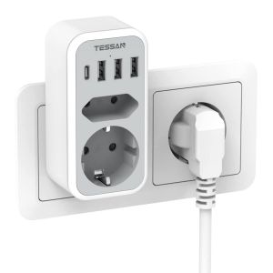 TESSAN Vertical Wall Socket Extender with 2 AC Outlets +3 USB Ports +1 Type C EU Plug Power Adapter Overload Protection for Home