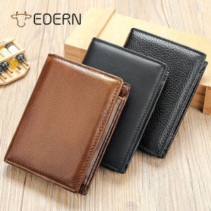 EDERN Genuine Leather Mens Wallet Retro Casual Card Holder RFID Blocking Cowhide Wallet Short Money Clip Large Capacity Coin Purse
