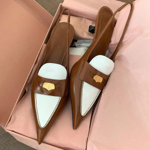 Aishigo Gold Coin Sandals 2026 New Color Block Head Cat Heel Pointed Toe Hollow Back Thin Heel Medium Heel Single Shoes Women