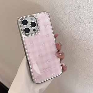 Korean Bowknot Pink Grid Pattern Silver Border Plating Phone Case for iPhone 17 Air 16 15 14 13 12 Pro Max Shockproof Hard Cover
