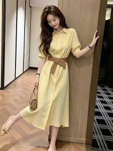 NIUVIES | French Style Yellow Short Sleeve Slimming Shirt Dress