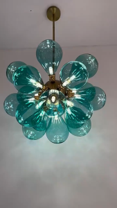 Đèn Chùm Thủy Tinh Xanh Dáng Bong Bóng Nghệ Thuật Cao Cấp