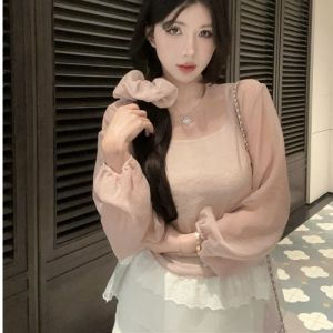 GUZILIAN | เสื้อเชิ้ตผ้าชีฟองแขนฟองสไตล์เกาหลีสำหรับผู้หญิงในฤดูร้อน ชุดสองชิ้น เสื้อเชิ้ตแขนยาวแบบโปร่งใสป้องกันแสงแดดพร้อมเสื้อชั้นในลูกไม้