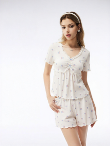 Mybody | Cherry Pattern V-Neck Lace Border Padded Sleepwear Set