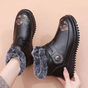 SHIPAILUO | Thickened Soft Bottom Leather Shoes Warm Cotton Slippers For Mom Winter Anti-Slip Boots Comfortable For Middle-Aged And Elderly