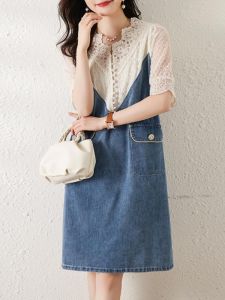 Elegant A-Line Midi Denim Dress Womens Spring Autumn Summer High Waist Short Sleeve Korean Style Commute High Quality Dress