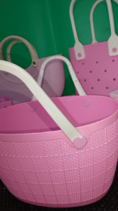 Pink Chic Plastic Handbags Collection/Japanese Style Toys Clothes Hamper Laundry Organizer Bin Handbag/Grocery Bag/Picnic Shipping Hand Bag/ Beach Bag/Chic Accessory For Fashion Enthusiasts/Tote Bag/Jelly Casual Handbag For Travel Daily Outings