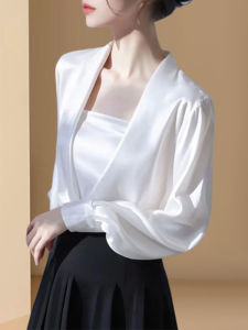 Áo Sơ Mi Satin Sang Trọng Cho Nữ Đi Làm Phong Cách Hàn Quốc Dài Tay Cổ Chữ V Màu Trơn Chất Liệu Khác Thời Trang Xuân Thu