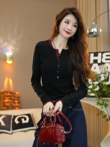 American Fashionable Influencer Picks Patchwork Contrast Color Half-Open Collar Long Sleeves T-shirt Female Slim Looking Stretch Silm Fall and Winter Inner Wear