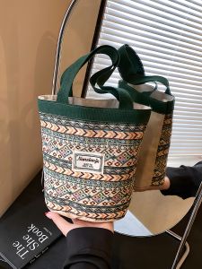 Commute Lunchbox Canvas Bag Womens Handbag Bucket Shape Soft Handle Daily Casual Style Foldable Shoulder Bag for Office