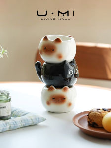 ถ้วยกาแฟเซรามิก Siamese Cat น่ารักและสร้างสรรค์ U Mi LIVING สีสันสดใส ทรงกลม เครื่องประดับตกแต่งบ้าน ลายสุนัขและแมว
