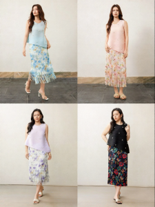 plusmall | Bộ Áo Dập Ly Phối Hạt và Chân Váy In Họa Tiết Xòe