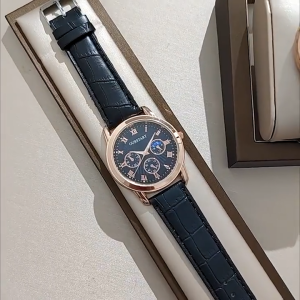 New Mens Casual Black Dial Watch: Faux Leather Three-Eye Moon Phase Quartz with Brown Strap
