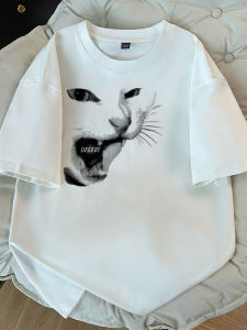 American Retro Creative Cat Print Heavyweight Pure Cotton Short Sleeve Womens T-Shirt Loose Casual Couples Wear Top