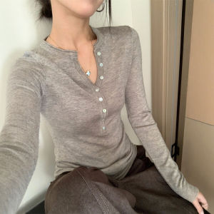 CHOEFULYN | Slimming and Stylish Grey Henley Long Sleeve Knit Sweater