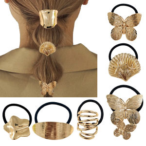 เครื่องประดับผมสุดเก๋ไก๋สำหรับผู้หญิง หางม้า เครื่องประดับผมแบบหนังสีทอง เครื่องประดับผมแบบมีสไตล์ ดีไซน์เรียบง่าย เครื่องประดับผม