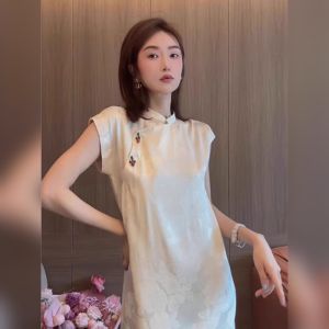 YUFUQING | Elegant White Qipao Dress Chinese National Style Summer Luxury High Waist A-Line Skirt Short Sleeve Stand Collar GZY3605