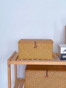 Rattan Storage BasketStraw Seaweed Basket Hand-Woven Storage Basket Multipurpose Container with Lid for Desktop Home Decor