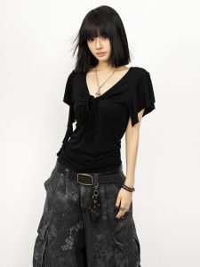 Irregular V-Neck Thin Strappy Cinched Waist Slim T-shirt