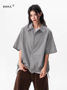 BWKA | Japanese Retro Check Short Sleeve Shirt Pure Cotton Drawstring