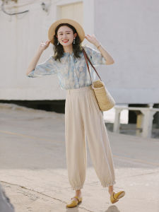 กางเกงลำลองผ้าฝ้ายลินินเอวสูงสำหรับผู้หญิง กางเกงขายาวทรงหลวม กางเกงขายาวทรงหลวม ขอบลูกไม้ สีน้ำตาล กางเกงขายาวทรงหลวม