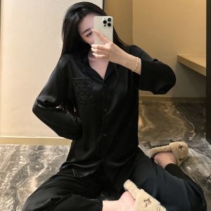 Luxurious Ice Silk Thin Long Sleeve Pants Set Womens Sleepwear Home Clothes Fall Collection Comfortable Breathable Pure Color