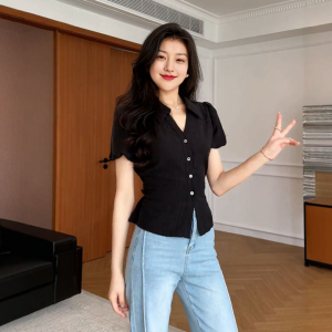 plus Size Vintage Slim Fit Shirt Womens Black V-Neck Short Sleeve Summer New Style Fashion Commute Style Button up Top