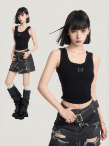 BAIDAIFEI | American Spicy Girl Style Wide Shoulder Straps Crossed Back Black Tank Top