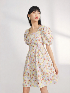 Vero Moda | Đầm Họa Tiết Hoa Phong Cách Tranh Sơn Dầu Cổ Đô Puff Sleeves