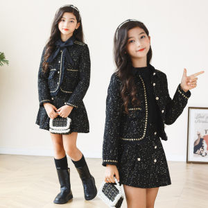 Girls Two-Piece Set Sparkling Skirt And Jacket Outfit for Spring Autumn Korean Style Half-length Skirt Thickened Winter Clothes