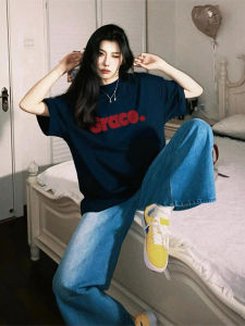 XINDADANG | Navy Blue Round Neck Short Sleeve T-Shirt for Women 2026 New American Style Letter Printed Loose Plus Size