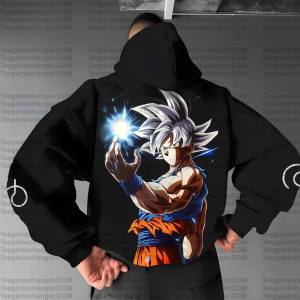Bandai | DRAGON BALL Super Saiyan God Goku Black Hoodie Men Women Anime Character Print Pullover with Blue Aura and Wu Sleeve Logo Casual