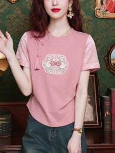 New Summer Chinese Style Womens Loose Fit Short Sleeve T-Shirt Embroidered Slimming Top Trendy round Neck Cotton Casual Wear