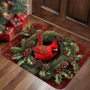 VIKAMA Christmas Cardinal Bird Doormat Flannel Non Slip Entrance Floor Mat Soft Washable Pine Wreath Pattern Entryway Rug Xmas