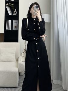 ชุดเดรสยาวสไตล์ฝรั่งเศสย้อนยุคสำหรับผู้หญิง ฤดูใบไม้ผลิและฤดูใบไม้ร่วง กระโปรงทรงเอเอวสูง กระดุมเดียว สไตล์ย้อนยุค เดรสยาว