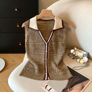 Elegant French Hollow out Polo Neck Sleeveless Knitwear Womens Summer 2025 New Style High-End Sensation Beautiful Outerwear Top