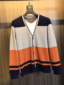 Fashionable V-Neck Mens Knitted Sweater Autumn Season Versatile Color Block Long Sleeve Urban Style Youth Pure Color Knitwear