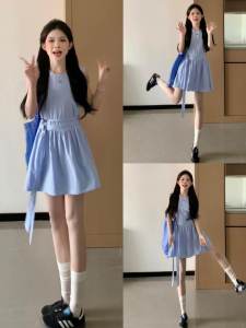 ชุดเดรสแขนกุดสีน้ำเงิน ทรงเอ กระโปรงสั้น ทรงเข้ารูป แขนกุด คอตั้ง กระโปรงทรงเอ ชุดเดรสฤดูร้อนสำหรับผู้หญิง สไตล์เกาหลี