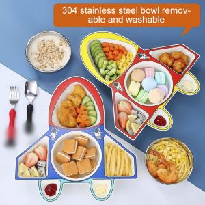 Children Airplane Dinner Plate 304 Stainless Steel Spoon Fruit Salad Plate Reusable Divided Dinner Plates For Kitchen Tableware