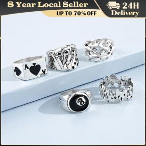 ❤️【Same Day Delivery】 5pcs/set Vintage Punk Hip Hop Mens Ring Feather Cross Gods Eye Stainless Steel Adjustable Rings for Women Wedding Jewelry Halloween Gift