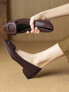 Leather French Style Womens Single Shoes Square Toe Mid Block Heel