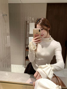 Hollyii Korean Style Slim Fit Half High Collar Bell Sleeve Flounce Edge Base Shirt Autumn Winter New Arrival Ladies T-shirt