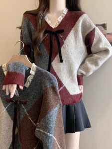 Áo Len Dệt Kim Cổ Chữ V Dài Tay Dày Ấm Áp Mùa Thu Đông Cho Nữ Cỡ Lớn Có Nơ Bướm Phong Cách Lười Biếng Áo Len Cardigan